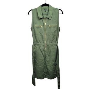 J.Crew Womens Olive Green Linen Utility Dress Sleeveless Zip Front Belted Sz 6